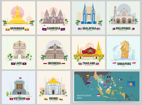 Famous landmark in asean Premium Vector | Premium Vector #Freepik #vector #travel #city #icon #building Asean Poster Design, Asean Poster, Asean Flag, Thai Notes, Scientific Poster Design, Scientific Poster, Asian Flowers, City Icon, National Animal