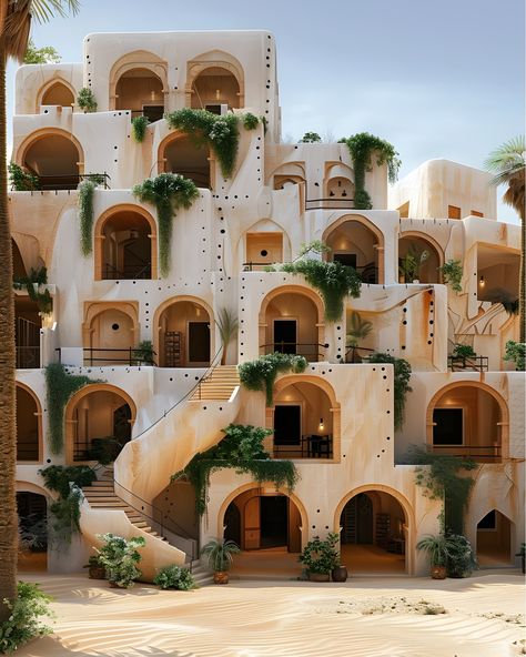 Community living inspired by Ksar Ouled Soltane, a very well-preserved mud-faced fortified multi-level granary or ghorfa in Tataouine, Tunisia 🇹🇳🏜 #africanarchitecture #afrofutursim #vernaculararchitecture #Africa #architecture #designinspo #architectureinspo #culture #architectureschool #fyp #viral #archhunter #archgini #architizer #archdaily #midjourneyarchitect #midjourney #ai #aiarchitecture Iconic Buildings Around The World, Nubia Architecture, Afro Futurism Architecture, Nabatean Architecture, West African Architecture, Afrofuturism Architecture, Eco Home Sustainable Living, Futurism Architecture, Africa Architecture