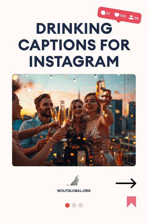 Graphic with people toasting drinks, titled "Drinking Captions for Instagram" on wolfglobal.org.
A list of humorous and wine-related statements with emojis and a call-to-action button.
An advertisement featuring a happy young woman on a laptop with social media icons and engagement offer details. Funny Toasts Drinking Friends, Party Insta Captions, Drinking Captions Instagram, Drinking Captions, Drinking Toasts, Funny Toasts, Party Captions, Bar Quotes, Drinking Quotes