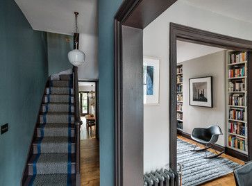 interesting paint work - East London House midcentury-entrance, from Houzz Small Hallway Furniture, Dark Wooden Furniture, Foyer With Stairs, Eclectic Room, Small Hall, Light Gray Paint, Hall Furniture, Painted Stairs, Foyer Decorating