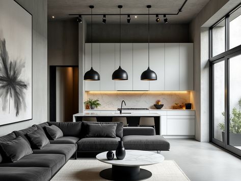 Discover the perfect blend of industrial chic and modern elegance in this stunning loft apartment! 🏙️ With floor-to-ceiling windows flooding the space with natural light, the charcoal gray sectional and minimalist decor create a cozy yet sophisticated atmosphere. The sleek kitchen features white cabinetry and marble countertops, while black steel pendant lights add a touch of drama. Don't miss the captivating abstract painting that ties it all together. Elevate your living space inspiration! ✨ Charcoal Gray Sectional, Steel Pendant Light, Luxurious Penthouse, Gray Sectional, Calming Spaces, Grey Sectional, Sleek Kitchen, Stylish Interior, White Cabinetry