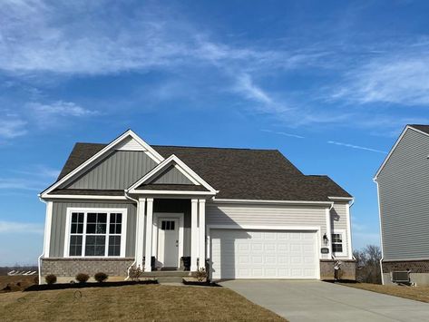 Shadow Gray Tudor Brick, Sterling Gray Accent, Platinum Gray Horizontal Siding Shiplap House, Grey Shiplap, Suburban Houses, Horizontal Siding, Gray Shiplap, Sterling Gray, Grey Siding, Sterling Grey, Nice House