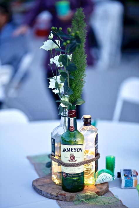 irish wedding centerpiece green st Patrick Day St Patricks Wedding, Irish Wedding Decorations, Jameson Bottle, Irish Themed Weddings, Irish Theme, Themed Wedding Decorations, Green Centerpieces, Jameson Irish Whiskey, Bottle Centerpieces