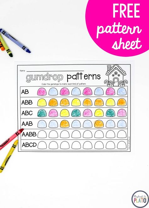 FREE Gumdrop Patterns! A sweet way for pre-k, kindergarten and first grade kids to work patterns like AB, ABB, ABC, AABB, ABCD plus an option to make their own. A great addition to any Christmas or Gingerbread themed math center this winter holiday season! #PlaydoughToPlato #freepatternwork #kindergarten #pre-k #freemathcenters #gingerbread Patterns For First Grade Math, Patterning Math Centers, First Grade Pattern Activities, Math Their Way Kindergarten, Patterns Grade 2 Activities, Making Patterns Kindergarten, Patterning In Kindergarten, Grade 1 Patterning Activities, Patterning Grade 1