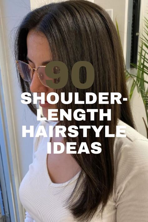 A sleek, shoulder-length dark brown hairstyle with a middle part, giving a polished and sophisticated look. Shoulder Length Long Bob Haircut, Shoulder Blade Length Hair, Middle Hairstyles, Brown Shoulder Length Hair, Middle Hair, Long Bob Haircuts, Shoulder Length Hair Cuts, Middle Part, Dark Brown Hair