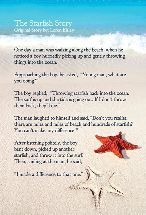 Love this and sometimes it takes just one person to make a difference in your life. The Starfish Story, Starfish Story, Faith In Humanity, Social Work, The Sand, Inspirational Story, Great Quotes, Starfish, Inspire Me