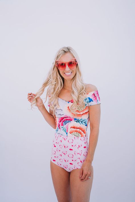 Kortni Jeane Swimmers // Women's Swimmers // Modest Swim Suits // Off The Shoulder // Extended High Waisted Bottoms Crop Top Swimsuit, Kortni Jeane, Modest Swim, Modest Swimsuits, Rainbow Print, Swimsuit Tops, Shoulder Top, Off The Shoulder, Looks Great