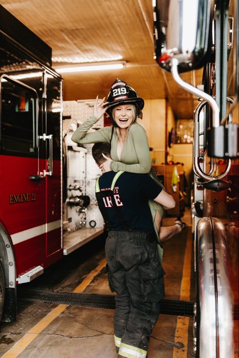 Firefighter engagement photos Fire Fighter Engagement Photos Ideas, Fireman Engagement Photos, Fire Department Engagement Photos, Firefighter Boyfriend Aesthetic, Firefighter Couple Pictures, Firefighter Wedding Photos, Firefighter Engagement Pictures, Firefighter Couple, Firefighter Boyfriend