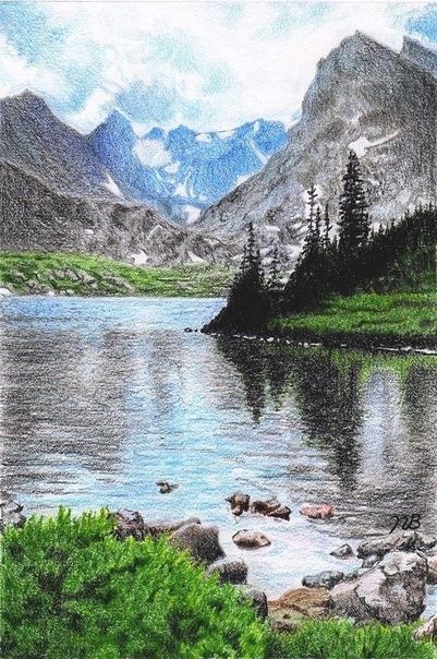 Landspace Drawing, Pencil Color Landscape, Mountain Lake Drawing, Colour Pencil Drawing Landscape, Mountain Drawing Color, Color Pencil Sketches Landscape, Color Pencil Art Landscape, Colour Pencil Art Landscapes, Drawing Lake