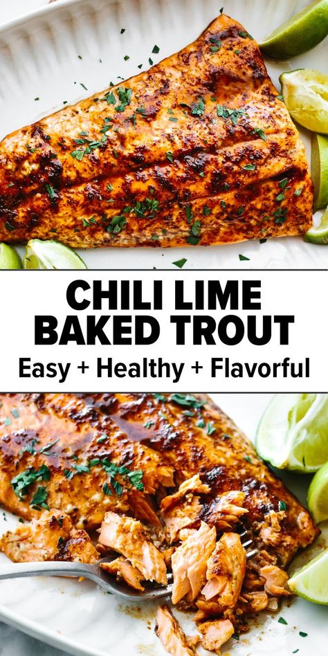 Chili lime baked trout Baked Fish Dinner, Trout Fillet Recipes, Baked Trout, Trout Recipe, Trout Recipes, Fish Dinner Recipes, Lime Recipes, Fish Recipes Healthy, Fish Dinner