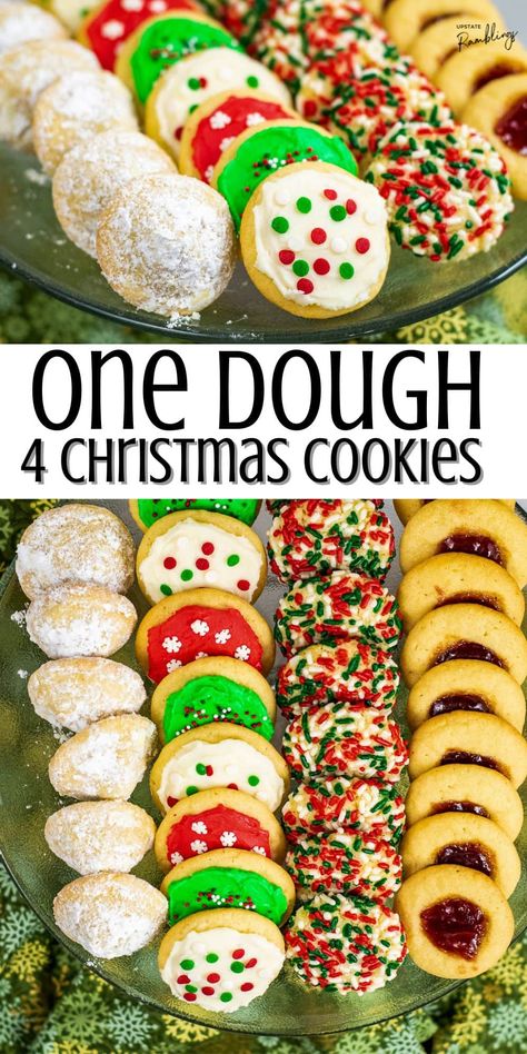 Make more cookies with less effort this Christmas! Use one cookie dough recipe to make 4 different cookies. Make thumbprint, sprinkle, frosted sugar, or secret kiss cookies. Secret Kiss Cookies, Simple Cookie Dough Recipe, Different Cookies, Christmas Cookie Recipes Holiday, Christmas Baking Cookies, Cookie Dough Recipe, Basic Cookies, Easy Christmas Cookie Recipes, Christmas Baking Recipes