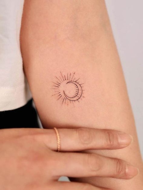 Moons And Sun Tattoo, Lil Sun Tattoo, Sunrise Tattoo Meaning, Sun Moon Stars Sea Tattoo, Sun Moon Hip Tattoo, Sun Spiritual Tattoo, Sun Tattoo With Initials, Small Sunrise Tattoo Simple, Sunshine And Moon Tattoo