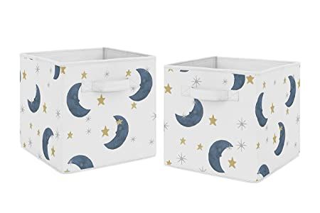 Amazon.com : Sweet Jojo Designs Moon and Star Foldable Fabric Storage Cube Bins Boxes Organizer Toys Kids Baby Children's - Set of 2 - Navy Blue and Gold Watercolor Celestial Sky Gender Neutral Outer Space Galaxy : Baby Galaxy Theme Nursery, Pax Nursery, Galaxy Baby Nursery, Celestial Nursery Theme, Hippie Nursery, Moon Stars Nursery, Fabric Storage Bin, Outer Space Nursery, Fabric Storage Cubes