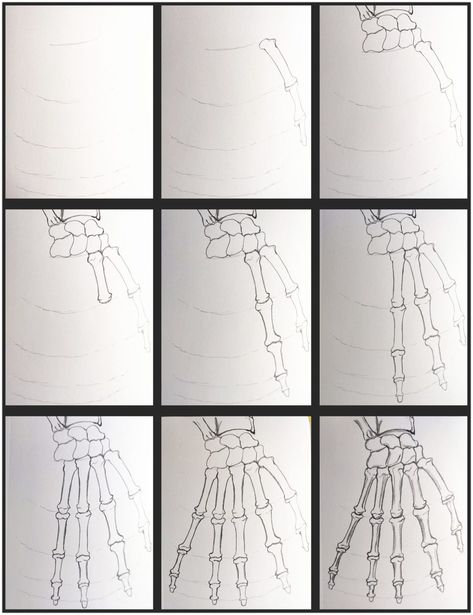 Hands Drawing Step By Step, Hippy Sketches, Drawing Ideas Skeleton, Draw A Skeleton Hand, Skeleton Hand Drawing Tutorial, Skeleton Art Drawing, Draw A Skeleton, Hand Step By Step, Skeleton Hands Drawing