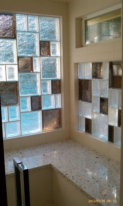 Colored Glass Block Shower | Colored glass block block bathroom window Colored Glass Block, Bathroom Window Glass, Glass Block Shower, Glass Blocks Wall, Glass Block Windows, Window In Shower, Glass Brick, Glass Block, Bathroom Windows