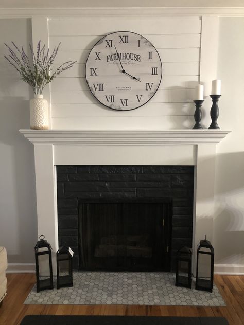 Brick Fireplace With White Mantle, Clock Over Fireplace, White Mantle, Chimney Decor, Oak Mantel, Wall Clocks Living Room, Fireplace Update, Fireplace Mantle Decor, Fireplace Mantel Decor