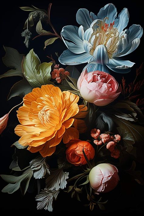 By David Durall Baroque Flowers Painting, Dark Flower Painting, Terra Santa, Baroque Painting, Nature Tattoos, Photorealism, Painting Wallpaper, Dark Floral, Pour Painting