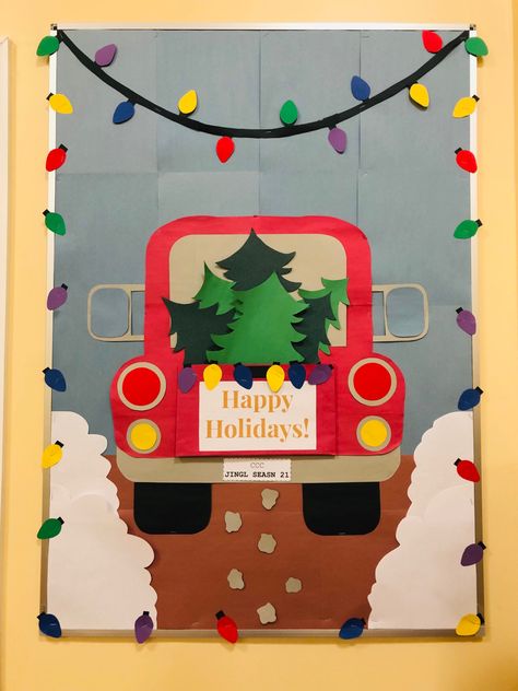 Christmas Truck Bulletin Board, Santa Sleigh Bulletin Board, Red Truck Door Decorating Contest, Vintage Christmas Classroom Door, Christmas Tree Farm Classroom Door, Christmas Tree Farm Door Decorations, Winter Billboard Ideas, Santa’s Workshop Bulletin Board, Happy Holidays Bulletin Board Ideas