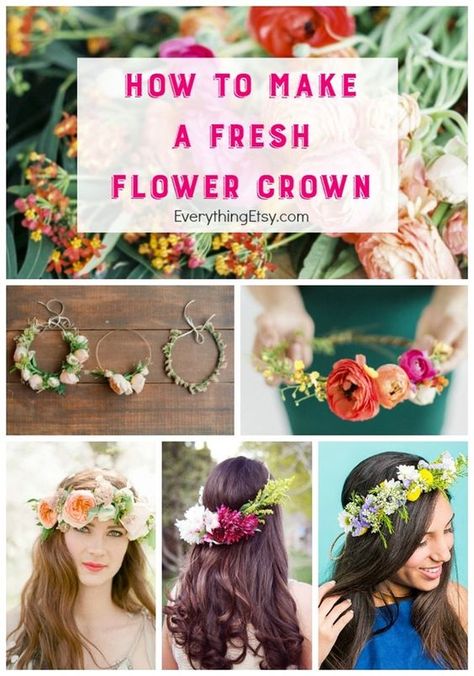 How to make a fresh flower crown {7 Inspiring Ideas} - EverythingEtsy.com Fresh Flower Headpiece, Fresh Flower Tiara, Diy Fresh Floral Crown, How To Make Flower Crowns With Real Flowers, Fresh Flower Headband, Crafts With Fresh Flowers, Fresh Flower Crown Diy, Diy Real Flower Crown, Diy Flower Crown Real Flowers