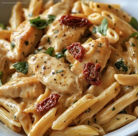 Marry Me Chicken Penne Pasta, Good Chicken Meals, Baked Penne With Chicken And Sun Dried Tomatoes, Sun Dried Chicken Pasta, Sunday Night Family Dinner Ideas, Easy Dinner Meals For One, Chicken And Sundried Tomato Recipes Penne Pasta, Marry Me Pasta Chicken, Pasta With Creamy Sauce