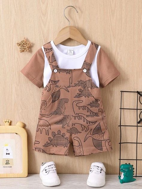 Baby Colorblock Tee & Dinosaur Print Overall Romper | SHEIN USA Overall Romper, Boy Clothes, Dinosaur Print, Baby Sets, Collar, T Shirt, Clothes, Color