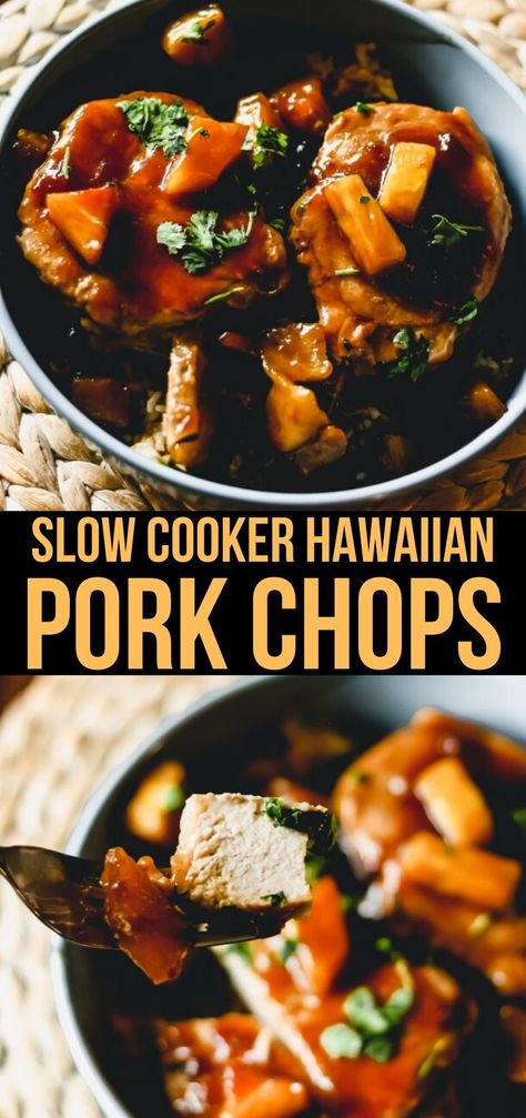 Slow Cooker Hawaiian Pork Chops - This Slow Cooker Hawaiian Pork Chops Recipe is a sweet  tangy quick weeknight meal that tastes like steakhouse quality. Serve over rice. #SlowCookerRecipes #CrockpotRecipes Hawaiian Pork Chops, Pineapple Pork Chops, Hawaiian Pork, Pork Chop Recipes Crockpot, Crockpot Pork Chops, Slow Cooker Pork Chops, Crockpot Pork, Slow Cooker Pork, Quick Weeknight Meals