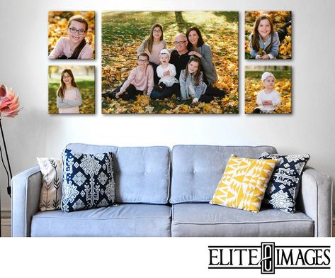 Living Room Portrait, Hanging Family Pictures, Room Portrait, Wall Portraits, Hallway Pictures, Family Pictures On Wall, Photo Wall Display, Canvas Photo Wall, Baby Room Diy