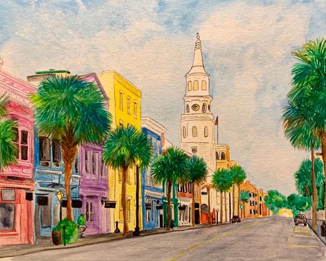 Watercolor of Broad St. Charleston SC Charleston Drawing, Charleston Watercolor, Charleston Painting, Rachel King, Anatomical Drawings, Rainbow Row Charleston, Palm Beach Decor, Vision Board Pics, Charleston Art