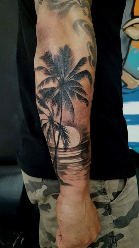 Palm, beach, sun, Tree Sleeve Tattoo, Tree Tattoo Men, Tattoo Diy, Sunset Tattoos, Palm Tattoos, Forarm Tattoos, Marvel Tattoos, Forearm Sleeve Tattoos, Cool Forearm Tattoos