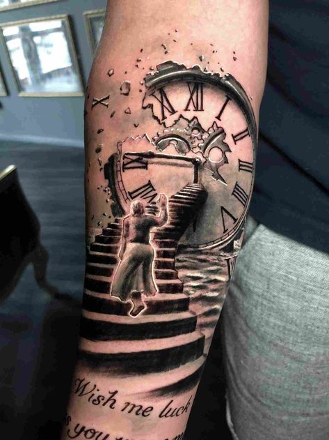 Tato Jam, Clock Tattoo Sleeve, Heaven Tattoos, Clock Tattoo Design, Tattoo Inspiration Men, Upper Arm Tattoos, Tattoo For Son, Watch Tattoos, Clock Tattoo