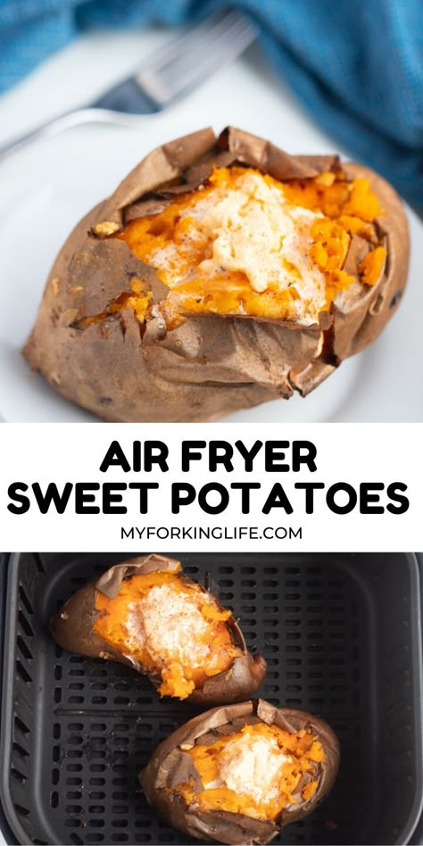 Hot Honey Butter, Air Fryer Sweet Potatoes, Twice Baked Sweet Potatoes, Baked Sweet Potatoes, Air Fried Food, Air Fryer Oven Recipes, Air Fry Recipes, Hot Honey, Air Fryer Dinner Recipes