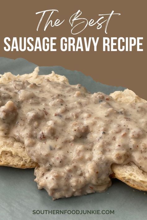 Southern sausage gravy pairs so well with your favorite biscuits for a filling breakfast or brunch that everyone will love. Made with simple ingredients like flour, sausage, milk, and a few other ingredients, this breakfast recipe is sure to be a hit. Top your biscuits and sausage with this Southern gravy for a filling brunch or breakfast. Try this easy recipe today! Biscuits And Gravy Skillet, Biscuits And Gravy For One, Gravy Recipe Easy For Biscuits, Sausage Gravy With Almond Milk, How To Make Homemade Gravy For Biscuits, Home Made Breakfast Gravy, Sausage Gravy Mix Recipe, Southern Sausage Gravy And Biscuits, Bisquets And Sausage Gravy