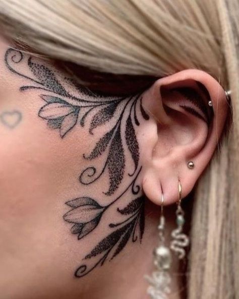 Side Neck To Shoulder Tattoo, Tattoo In Front Of The Ear, Hand On Throat Tattoo, Dot Work Face Tattoo, Womans Throat Tattoo, Jaw Line Tattoos Women, Women’s Front Neck Tattoo, Sideburn Tattoos For Women, Behind Ear And Neck Tattoo