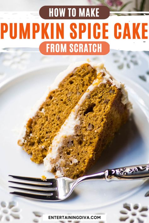 This pumpkin spice cake recipe with ginger cream cheese icing is to-die-for. It's my favorite fall and Thanksgiving dessert recipe ever! Recipe With Ginger, Pumpkin Spice Cake Recipe, Spice Cake Recipe, Easy Cakes To Make, Spice Cake Recipes, Cake From Scratch, Jello Shot, Pumpkin Desserts, Pumpkin Spice Cake