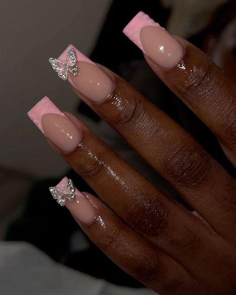 Pink Butterfly Nail Designs, Pink French Tip Nails With Stars, Pink Butterfly Nails Short, Valentine’s Nails, Pink Nails With Butterfly, Acrylic Nail Designs Pink, Pink Nail Inspo Acrylic, Girly Nail Designs, Birthday Nails Pink