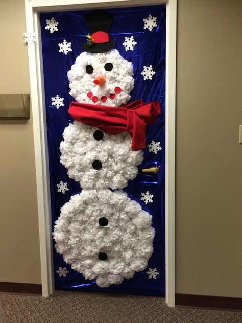 Snowman door decorating Snow Man Door Decorations, Snow Man Door Decoration, Snowman For Door Decoration, Snowman Office Door Decorations, Christmas Office Door Snowman, Door Decorations Classroom Christmas, Snowman Door, Christmas Door Decorating Contest, Door Decorating Contest