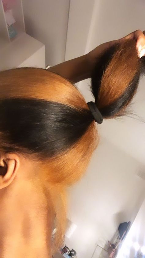 Peak A Boo Skunk Stripe Hair, Sunk Hairstyles, Skunk Stripe Hair Honey Brown, Colors To Dye Your Hair Black Women Skunk Stripe, Black And Brown Hair Peekaboo, Sunk Stripe, Peekaboo And Skunk Stripe, Skunk Stripe And Peekaboo, Sunk Stripe Hair Dye Ideas