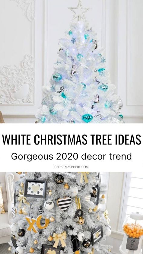 considering a white Christmas tree this holiday season? We have the best ideas for white Christmas decorations and decor- come on over for lots of inspiration CHRISTMASPHERE.COM #christmasdecor #christmasdecorations #whitechristmasdecor White Fake Christmas Tree, Decorate White Christmas Tree Ideas, Small White Christmas Tree Decorations, Ways To Decorate A White Christmas Tree, Decorations For A White Christmas Tree, Mini White Christmas Tree Ideas, Decorations For White Christmas Trees, Winter Wonderland Christmas Tree Ideas, White Tree Decorating Ideas