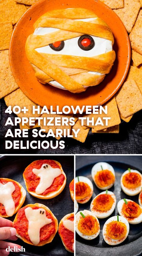 Pre-game your candy haul with these spooky appetizers. Halloween Salty Snacks, Spooky Foods For Halloween Party, Halloween Pinwheels, Spooky Appetizers, Easy Halloween Food Appetizers, Candy Haul, Halloween Brunch, Halloween Food Appetizers, Pre Game