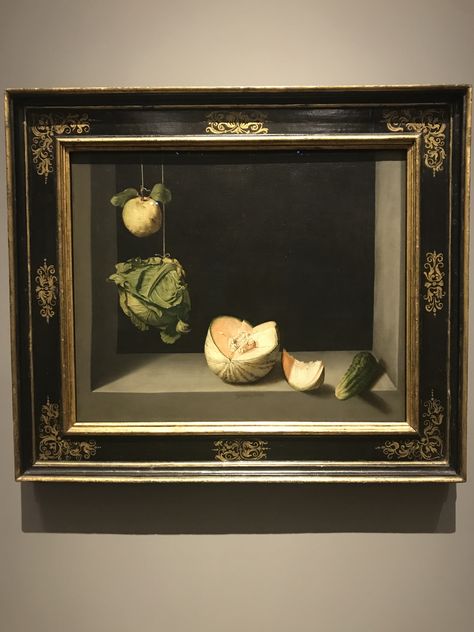 A photograph taken by Collection of Collections at San Diego Museum of Art.   Still Life with Quince, Cabbage, Melon, and Cucumber by Juan Sánchez Cotán Painting Museum Aesthetic, Light Academia Art, Juan Sanchez Cotan, Painting Museum, Academia Art, Food Painting, Hearth And Home, Light Academia, Still Life Painting