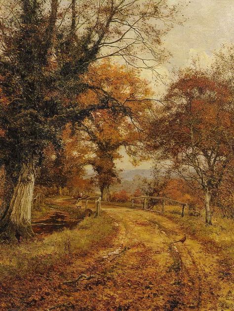 A pleasant autumn country scene with a women on the path in the distance trees and grass Victorian landscape art Fall Vintage Painting, Fall Themed Pictures, Autumn Posters, World Where There Are Octobers, Autumn Poster, L M Montgomery, Fall Background, Autumn Scenes, Autumn Colours