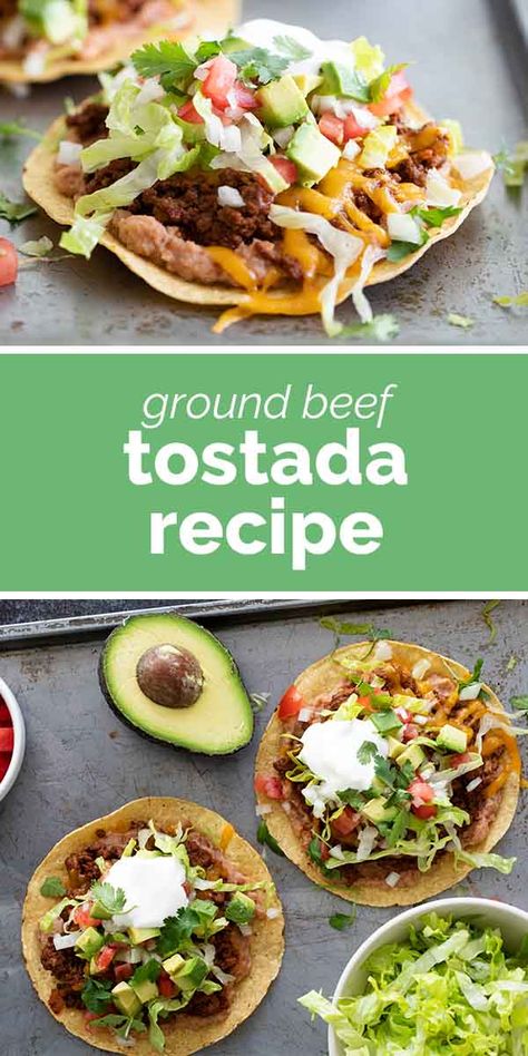 Beef Tostadas, Tostada Shells, Cheesecake Strawberries, Tostadas Recipe, Tostada Recipes, Baked Cheesecake, Cookies Bars, Strawberry Sauce, Refried Beans