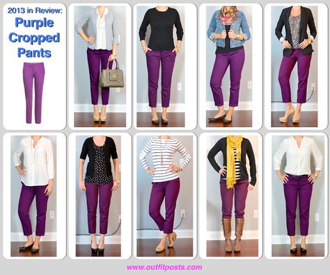 Outfit posts: purple cropped pants / ideas for my turquoise pants! Purple Shirt Outfits, Purple Pants Outfit, Cropped Pants Outfit, Outfits Leggins, Mode Ab 50, Purple Jeans, Purple Pants, Purple Outfits, Purple Shirt