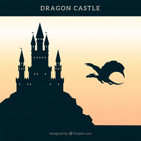 Castle Sillouhette, Castle Silhouette Medieval, Fantasy Silhouette, Castle Classroom, Dragon Tattoo Stencil, Gothic Landscape, Silhouette Background, Dragon Flying, Castle Vector