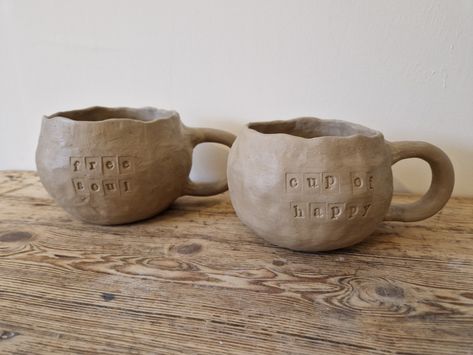 Stamped mugs ~ Positive mugs ~ Mugs with messages ~ Positive message mugs ~ Handbuilt mugs ~ Pinch pot mugs ~ Pottery mugs ~ Ceramic mugs by River Rabbit Studio - Kayleigh Victoria Rose Handbuilt Ceramic Mugs, Handbuilt Mug, Positive Mugs, Pinch Mug, Pinch Pot Mug, Handbuilt Mugs, Pottery Party, Handbuilt Ceramics, Mugs Pottery