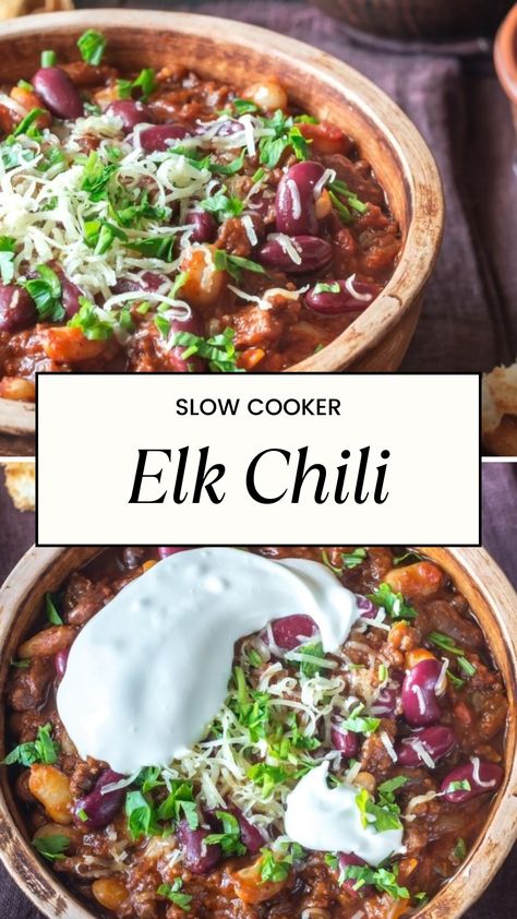 Slow Cooker Elk Chili Ground Elk Chili, Elk Soup Recipes, Elk Chili Recipe Crockpot, Elk Chili Recipe, Ground Elk Recipes, Elk Chili, Elk Meat, Elk Recipes, Chili Beans