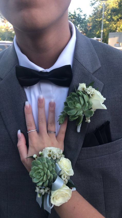 Sage Green Corsage And Boutonniere, Flowers For Black Prom Dress, Light Green Corsage, Dark Green Corsage, Green Corsage, Gold Corsage, Dance Flowers, Prom Flowers Corsage, Prom 23