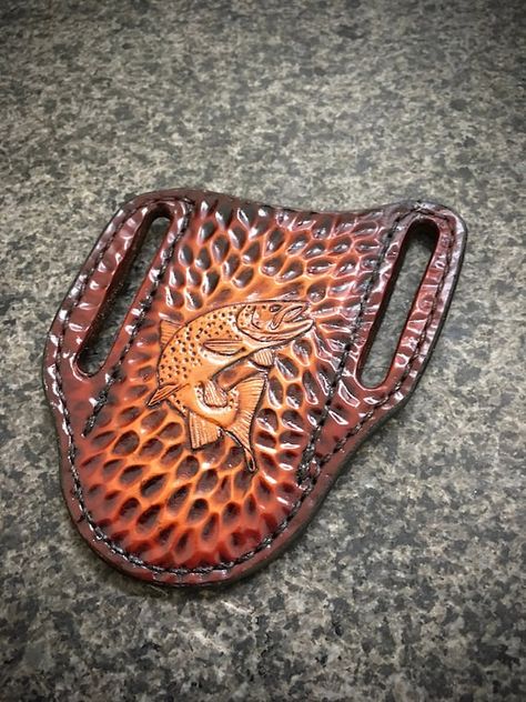 Deer Leather Tooling Pattern, Leather Pocket Knife Sheath, Pancake Holster, Leather Knife Sheath, Buck 110, Leather Working Patterns, Leather Tooling Patterns, Tooling Patterns, Brown Trout