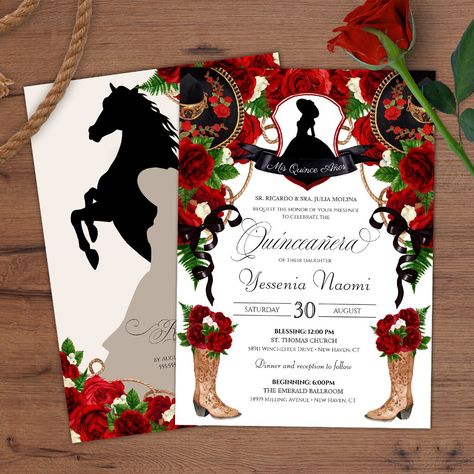 Red Crest Charro Western Roses Floral Quinceanera Invitation Charro Theme Invitations, Charro Theme Quinceanera Invitations, 15 Invitations Ideas Charro, Western Quince Invitations, Red And Black Charro Quinceanera Invitations, Pink Charro Quince Invitation, Charro Quinceanera Theme, Charro Theme, Western Design