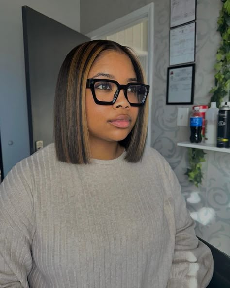 Split In The Middle Hair Hairstyles, 14inch Hair Length, Short Hair Highlights Black Women, Natural Hairstyles For Short Relaxed Hair, Black Bob With Brown Highlights, China Bob Black Women, 10 Inch Bob Weave Sew Ins, Bluntcut Bob Black Women Natural Hair, Bobs With Side Part